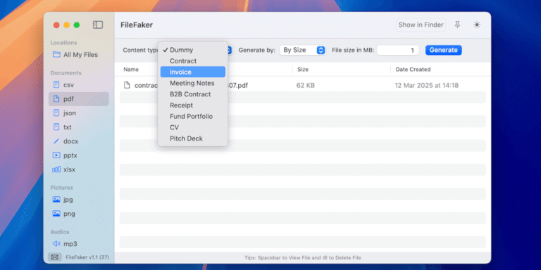 FileFaker: Generate sample files of various types and sizes in seconds.